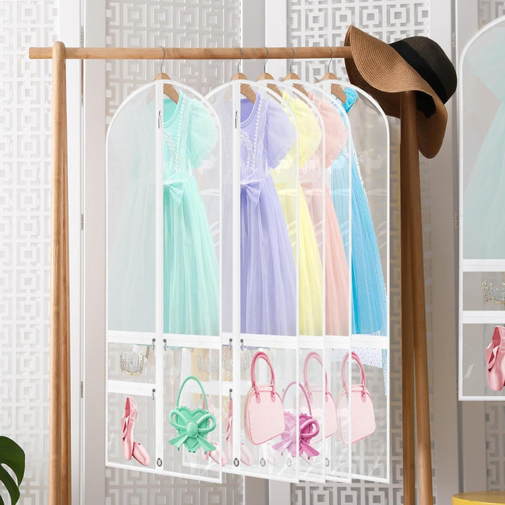 Versatile 5-pack of unisex foldable garment bags with zipped pockets. Ideal for dancewear, costumes, and travel storage.