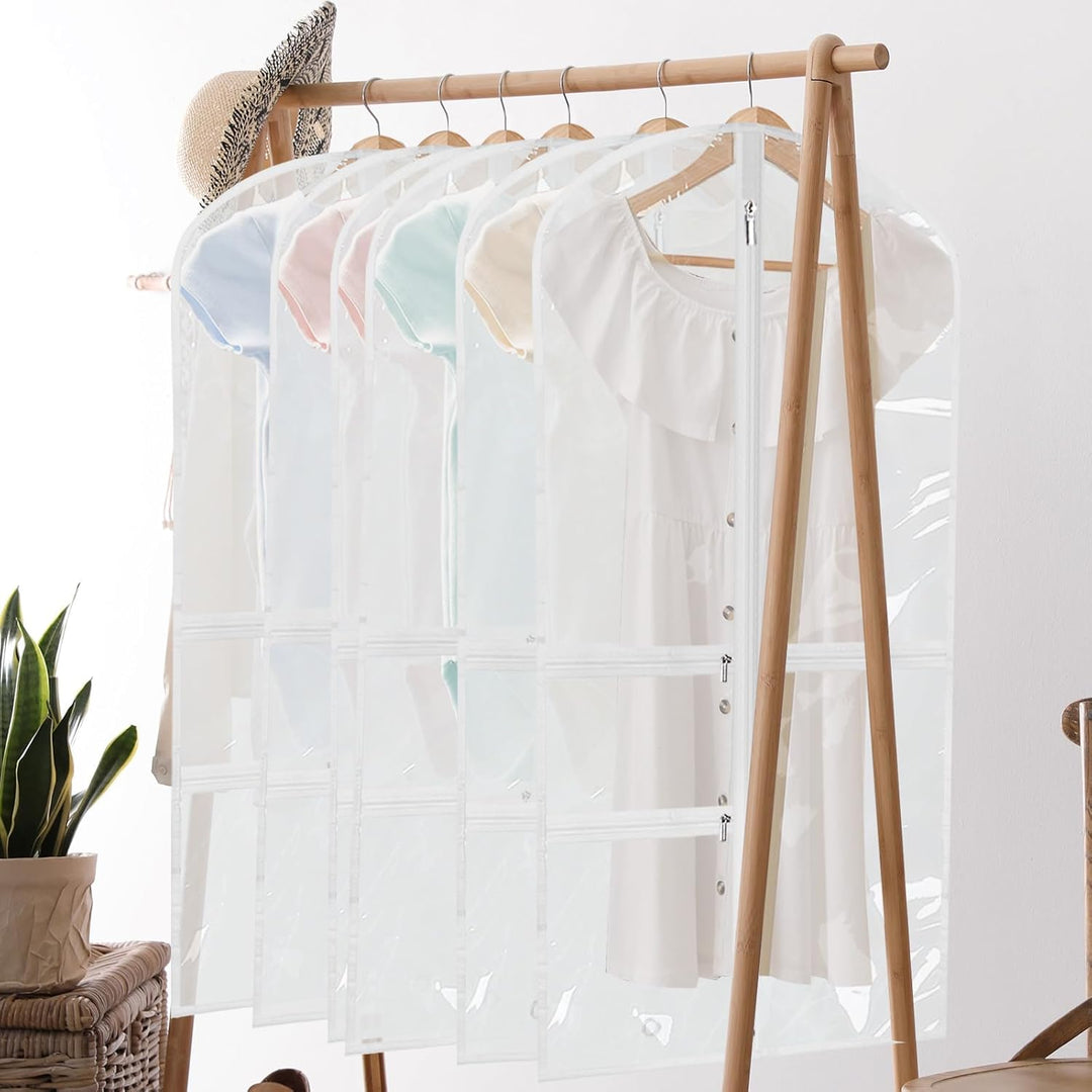Foldable garment bags with zippered accessory pockets. 5-pack for dancers, costumes, travel & clothing organization.