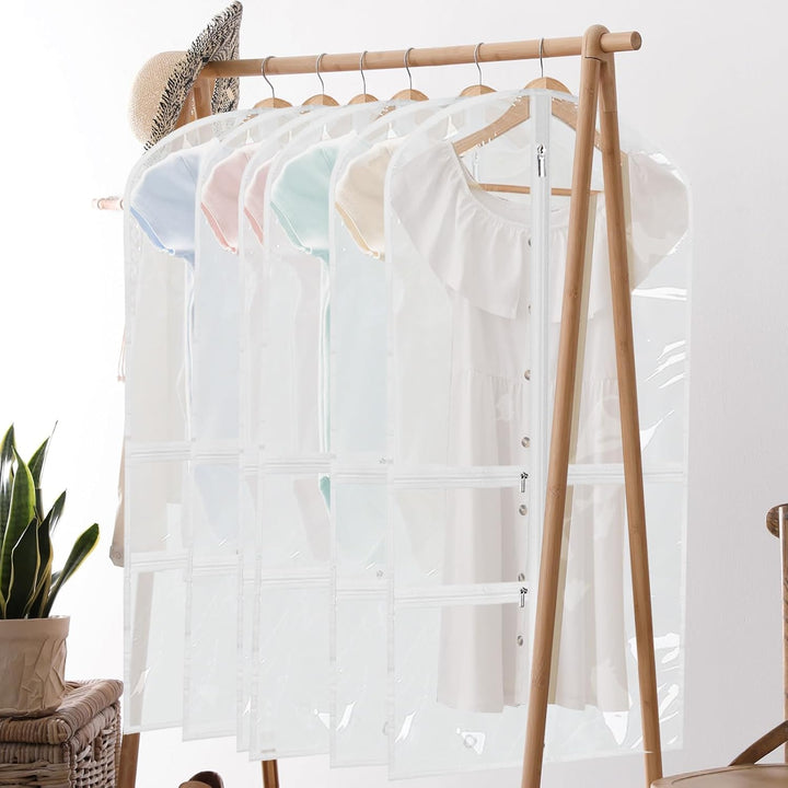 Foldable garment bags with zippered accessory pockets. 5-pack for dancers, costumes, travel & clothing organization.