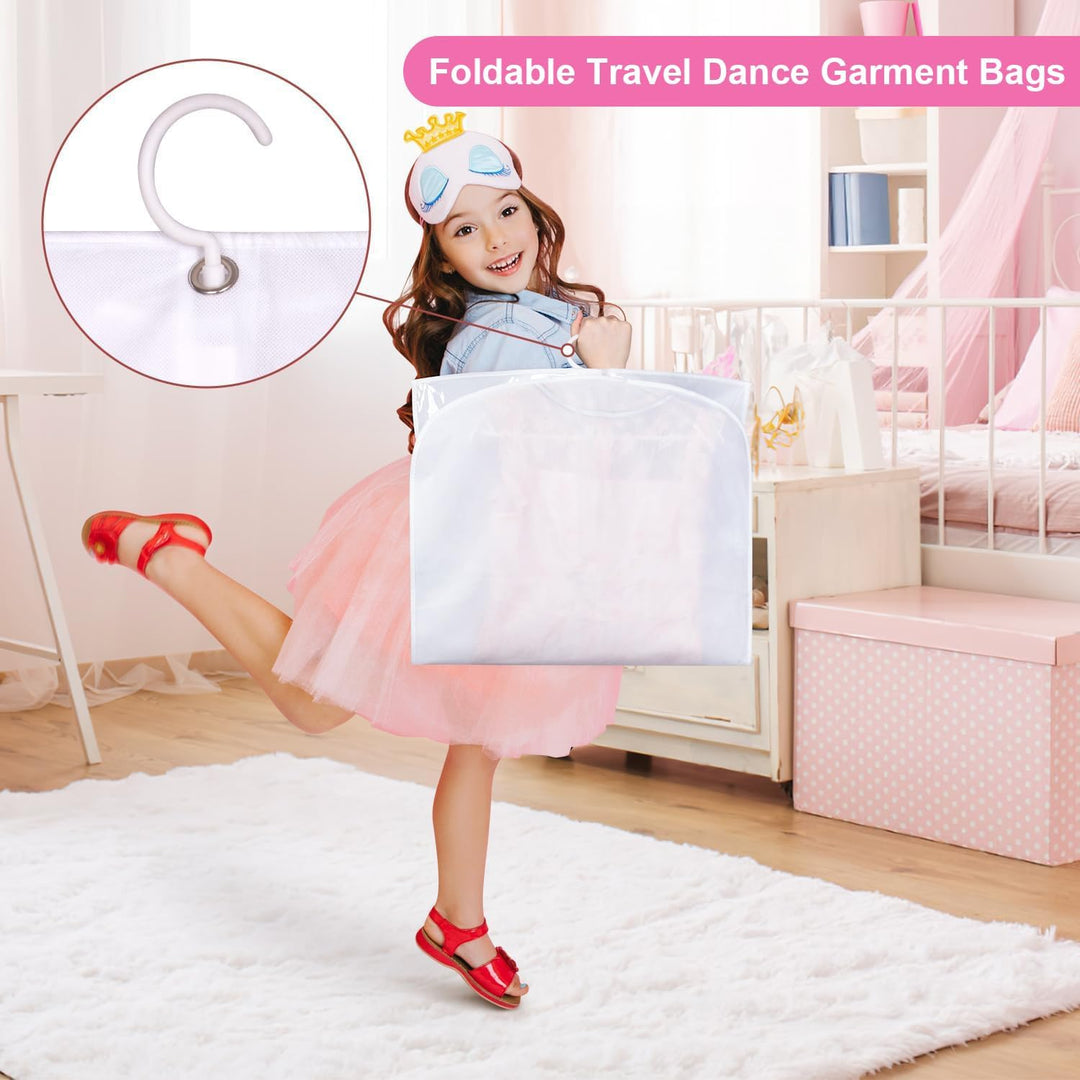 Protective foldable dance garment bags, 5-pack. Zipped pockets for accessories, great for costumes & travel storage.