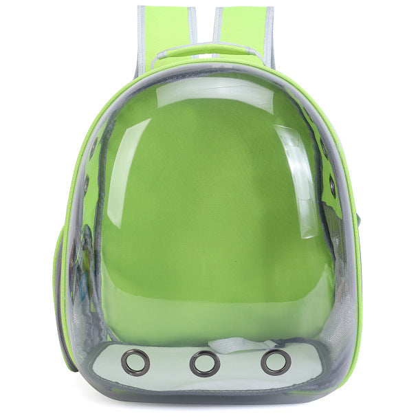 Foldable pet backpack with ventilation, transparent front, mesh panels, adjustable straps, and storage pockets for travel.