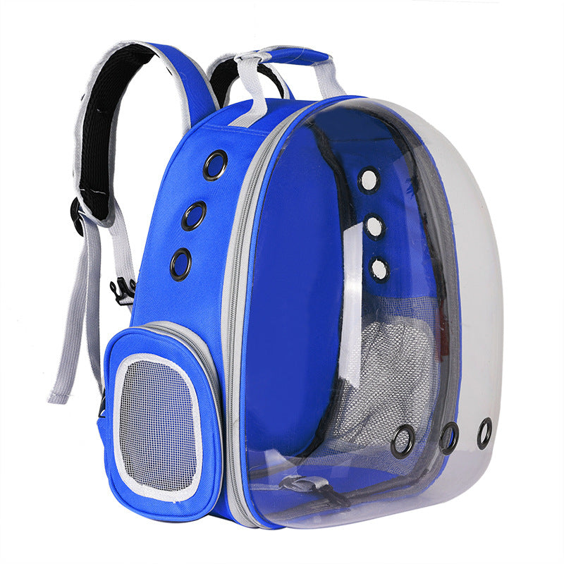 Foldable pet backpack with ventilation, transparent front, mesh panels, adjustable straps, and storage pockets for travel.