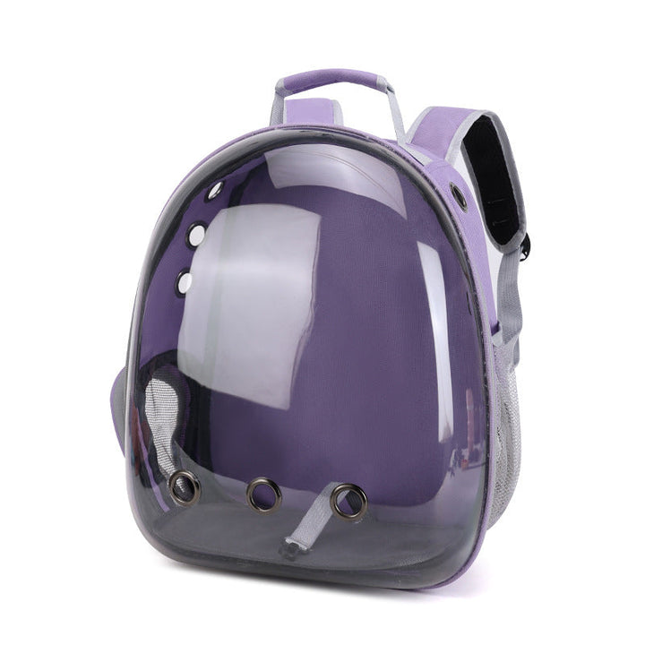 Foldable pet backpack with ventilation, transparent front, mesh panels, adjustable straps, and storage pockets for travel.
