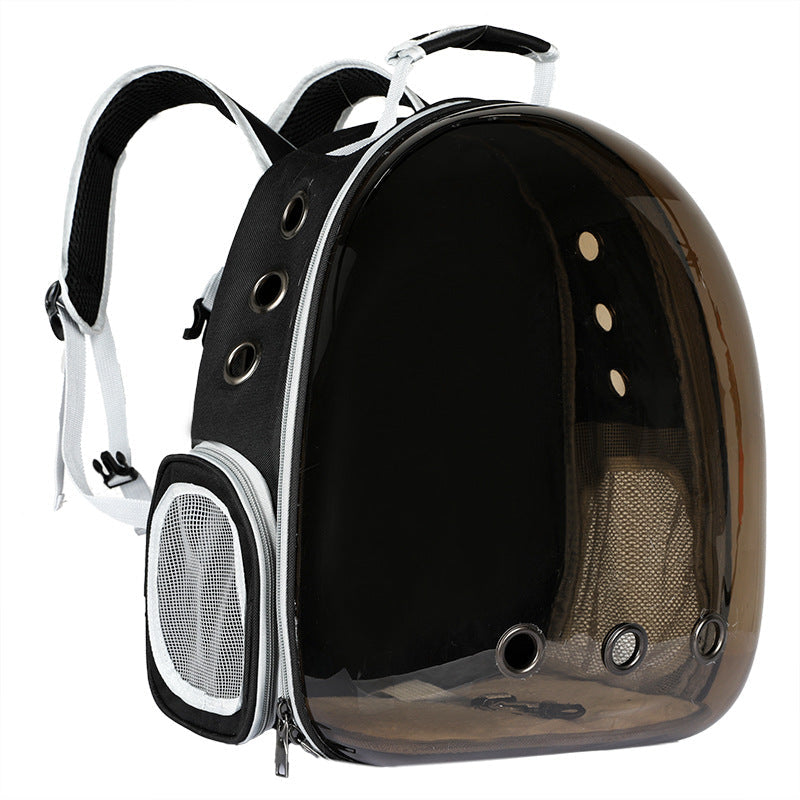 Foldable pet backpack with ventilation, transparent front, mesh panels, adjustable straps, and storage pockets for travel.