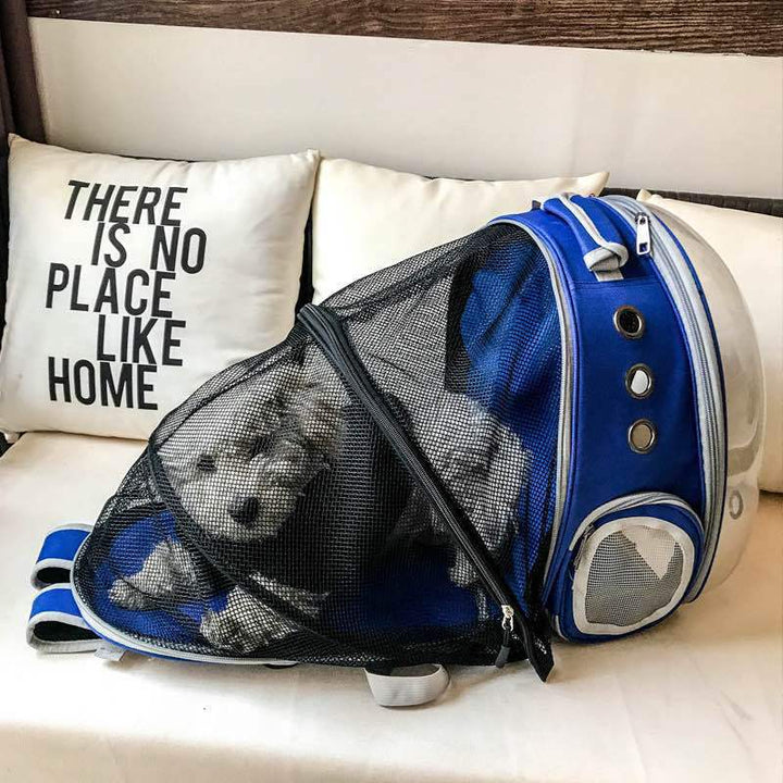 Foldable pet backpack with ventilation, transparent front, mesh panels, adjustable straps, and storage pockets for travel.