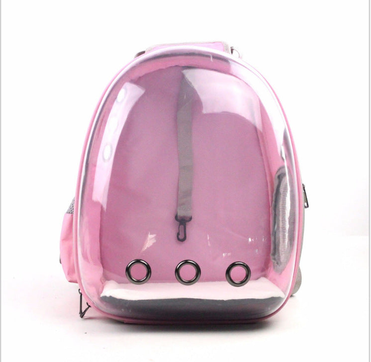 Foldable pet backpack with ventilation, transparent front, mesh panels, adjustable straps, and storage pockets for travel.