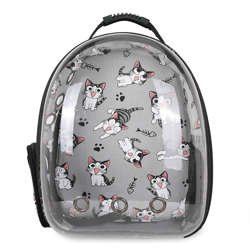 Foldable pet backpack with ventilation, transparent front, mesh panels, adjustable straps, and storage pockets for travel.