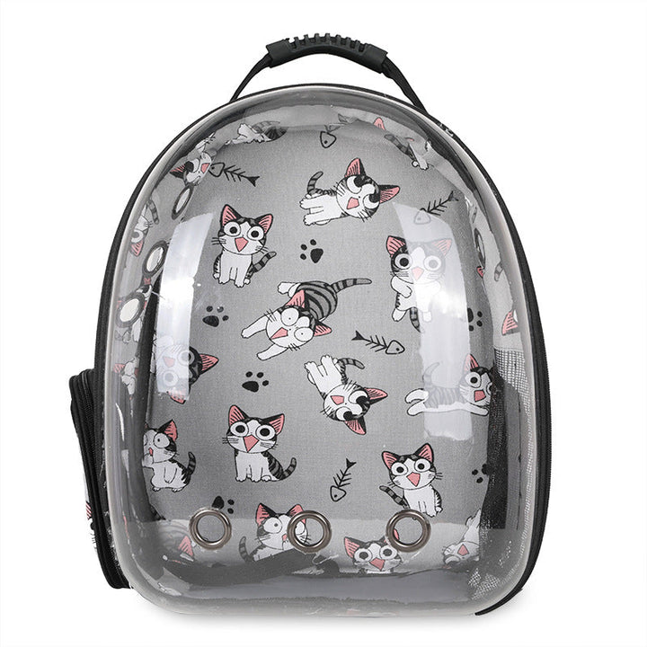 Foldable pet backpack with ventilation, transparent front, mesh panels, adjustable straps, and storage pockets for travel.