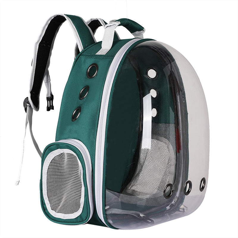 Foldable pet backpack with ventilation, transparent front, mesh panels, adjustable straps, and storage pockets for travel.
