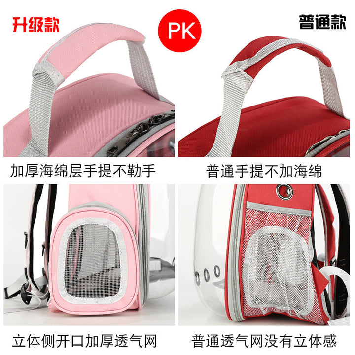 Foldable pet backpack with ventilation, transparent front, mesh panels, adjustable straps, and storage pockets for travel.