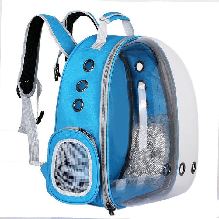 Foldable pet backpack with ventilation, transparent front, mesh panels, adjustable straps, and storage pockets for travel.