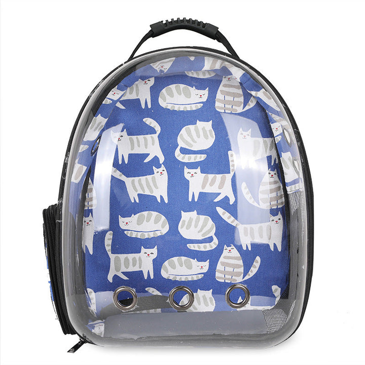 Foldable pet backpack with ventilation, transparent front, mesh panels, adjustable straps, and storage pockets for travel.