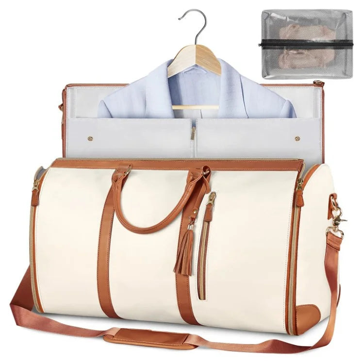 "Foldable smart carry-on bag with sleek design, multi-compartment storage, vegan leather, and garment cover for travel."