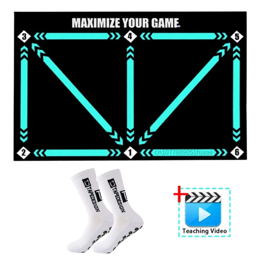 "Football Pro Youth Training Mat for home use, 90cm x 60cm, enhances skills with video program and high-friction surface."