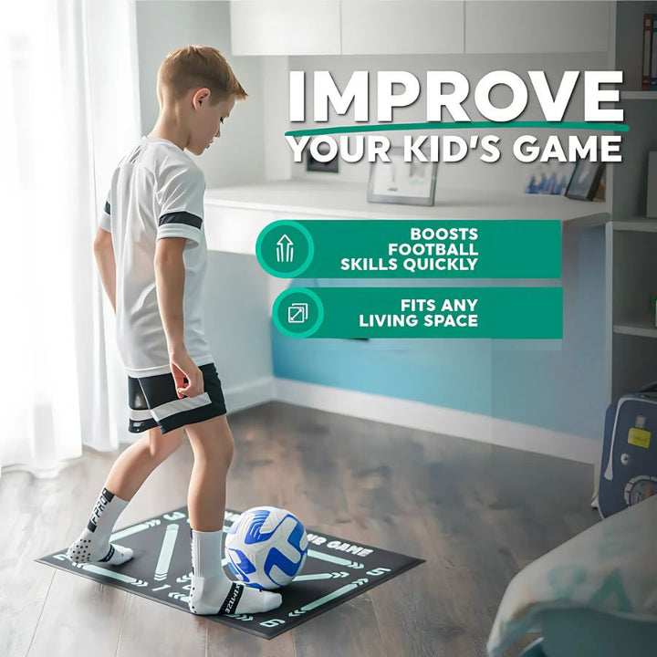 "Football Pro Youth Training Mat for home use, 90cm x 60cm, enhances skills with video program and high-friction surface."