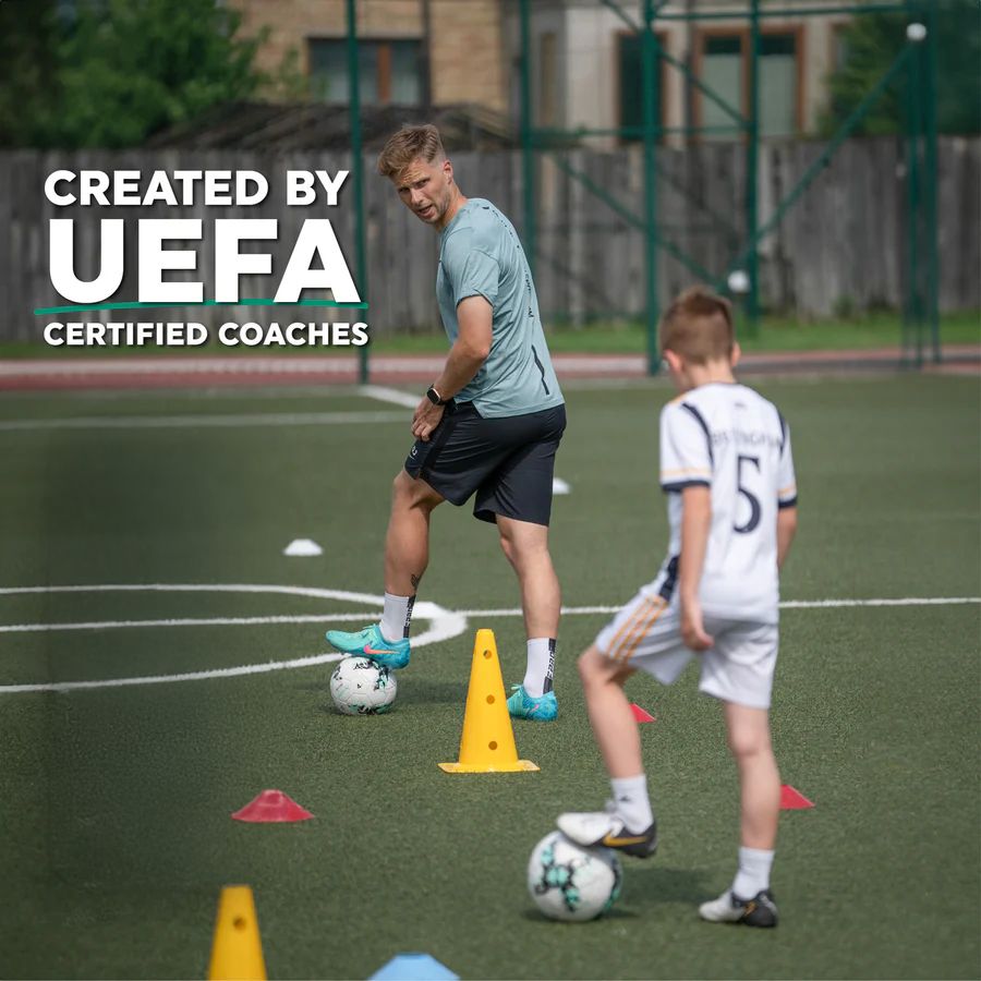 "Football Pro Youth Training Mat for home use, 90cm x 60cm, enhances skills with video program and high-friction surface."
