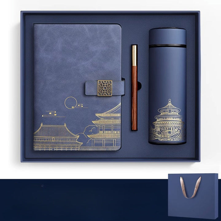 Forbidden City travel mug & notebook gift set. Insulated thermos for on-the-go drinks, elegant stationery.