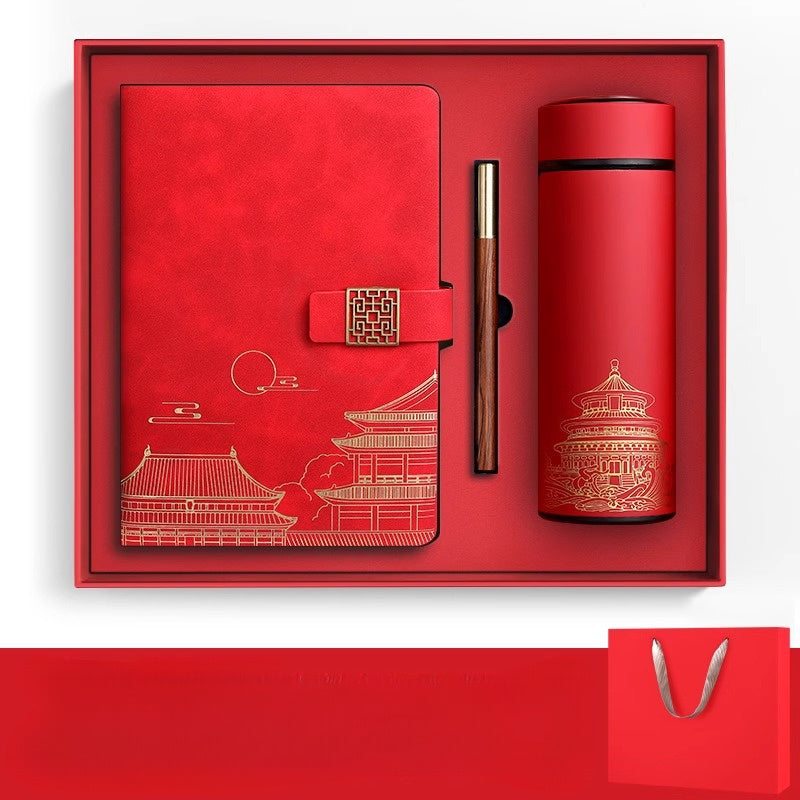 Forbidden City gift set with practical insulated thermos, elegant notebook, and pen. Luxury office supplies.