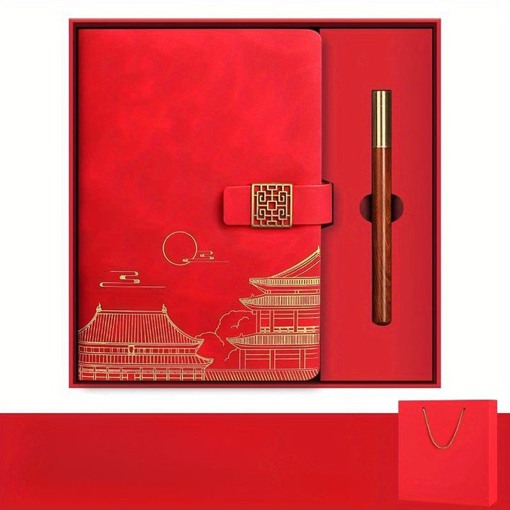 Cultural Forbidden City design on a luxury gift set. Includes thermos, notebook, and pen. Unique desk decor.