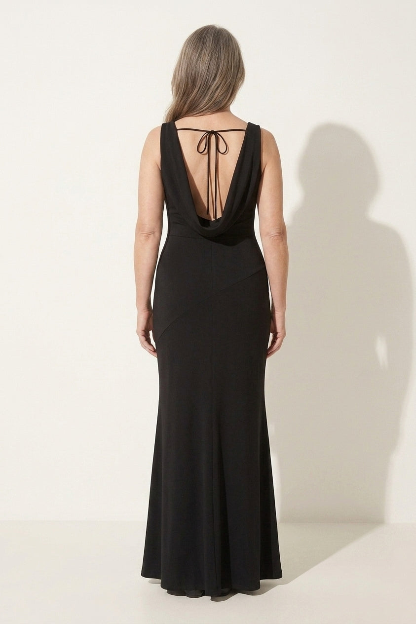 Flowing elegant cowl neck maxi dress, an ideal women's long dress for a formal wedding guest.