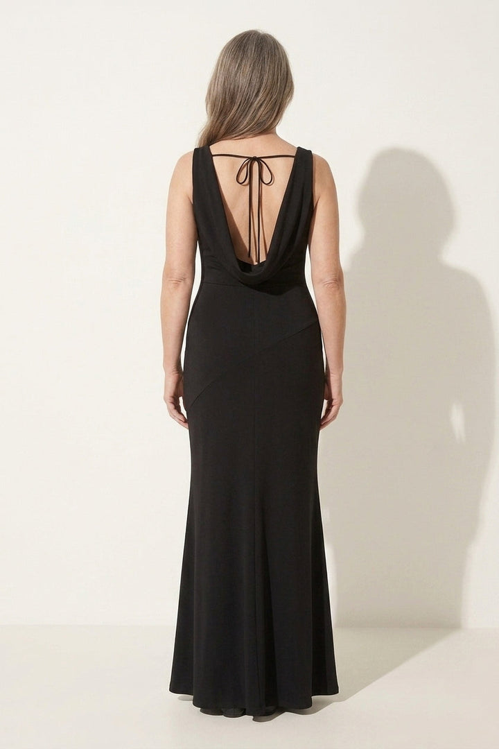 Flowing elegant cowl neck maxi dress, an ideal women's long dress for a formal wedding guest.