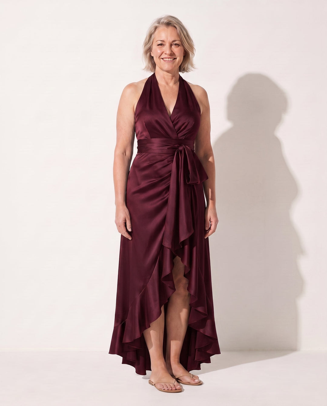 Chic women's halter wrap maxi dress with an attractive ruffle hem, perfect for elegant gatherings.