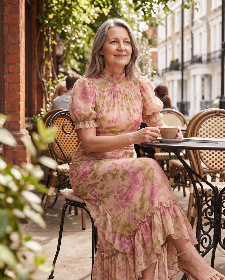 Women's summer pink/lilac floral maxi dress with puff sleeves, ruffles. Perfect for wedding guest or garden party.