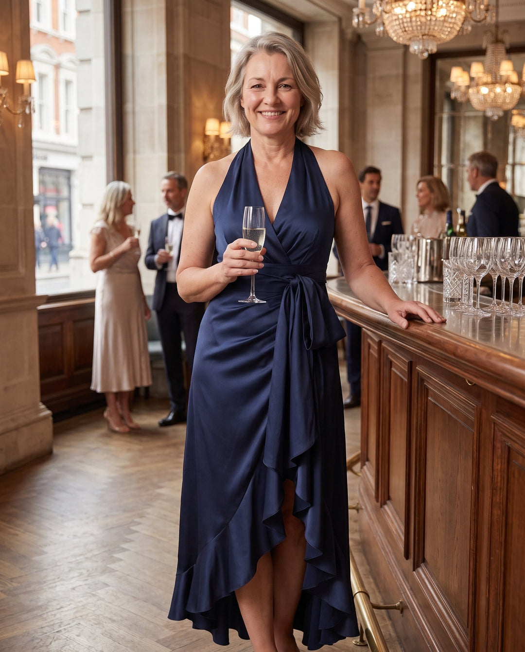 Beautiful women's halter maxi dress for wedding guests. Features a chic ruffle hem and elegant silhouette.
