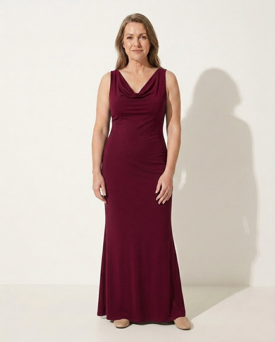 Romantic women's cowl neck maxi dress. Elegant long dress, ideal as a wedding guest or special occasion gown.