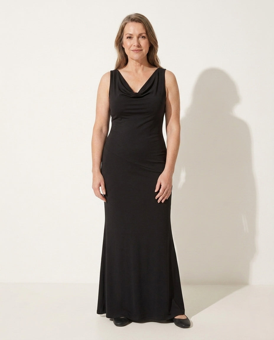 Elegant women's cowl neck maxi dress for wedding guests. Perfect for formal events & black tie.