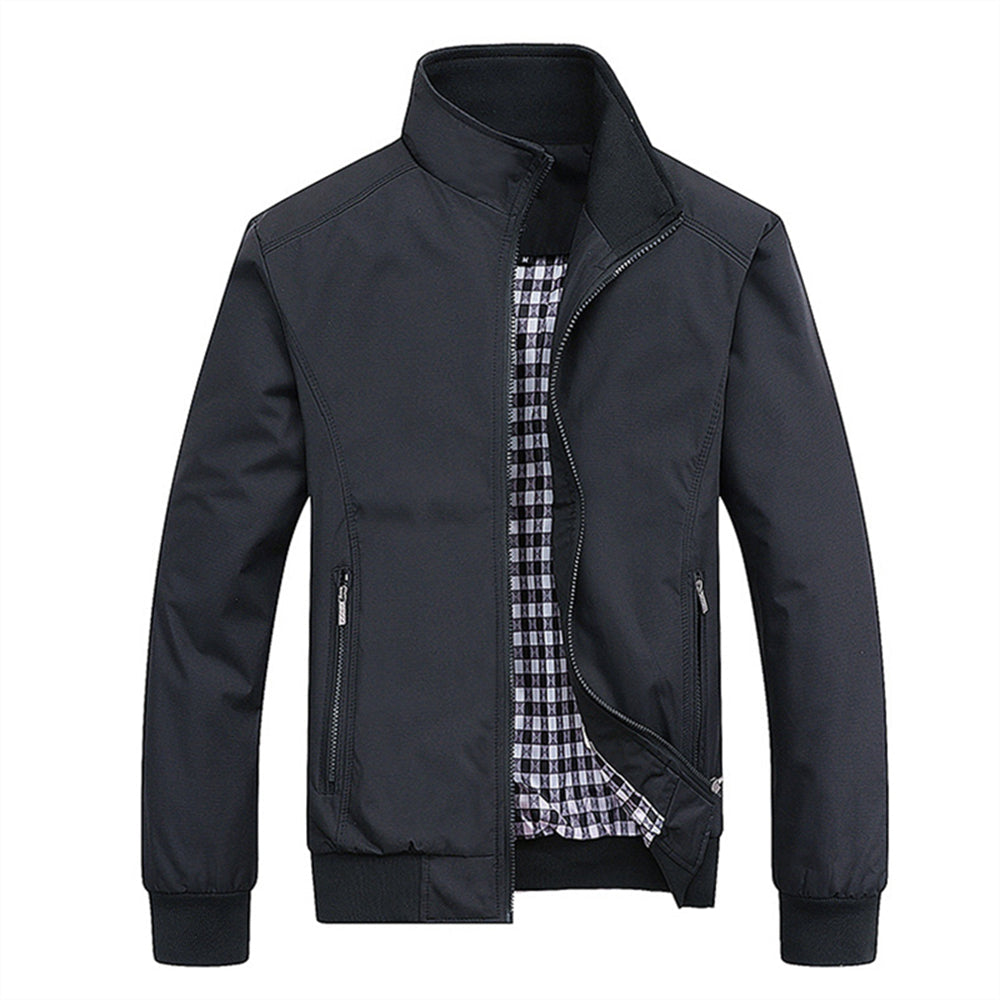 Blue men's classic bomber jacket with zip front, ideal for stylish layering and casual outerwear in men's fashion.