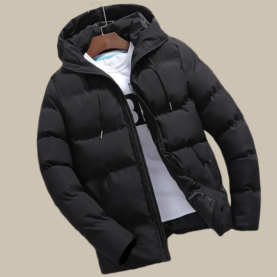 Quilted men's warm gray puffer jacket with hood, essential outerwear for cold winter weather comfort.