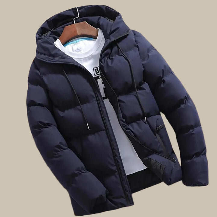 Men's warm hooded puffer jacket for ultimate winter comfort & style, ideal cold weather outerwear.