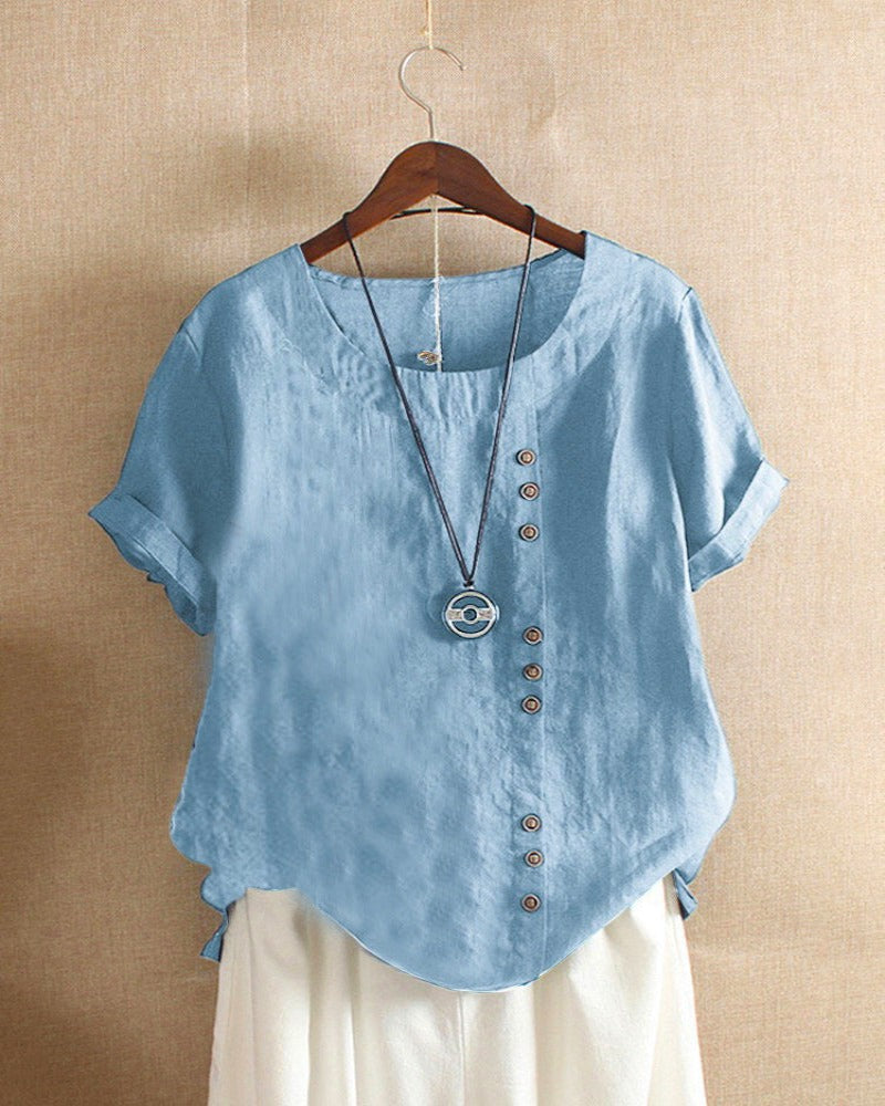 Effortless women's short sleeve round neck blouse, a comfortable and stylish modern minimalist top.