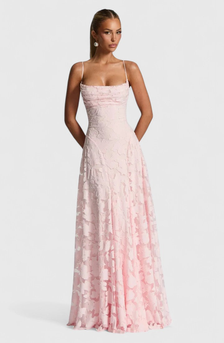 Elegant flowy women's maxi dress with a chic open back, perfect for parties & formal wear.