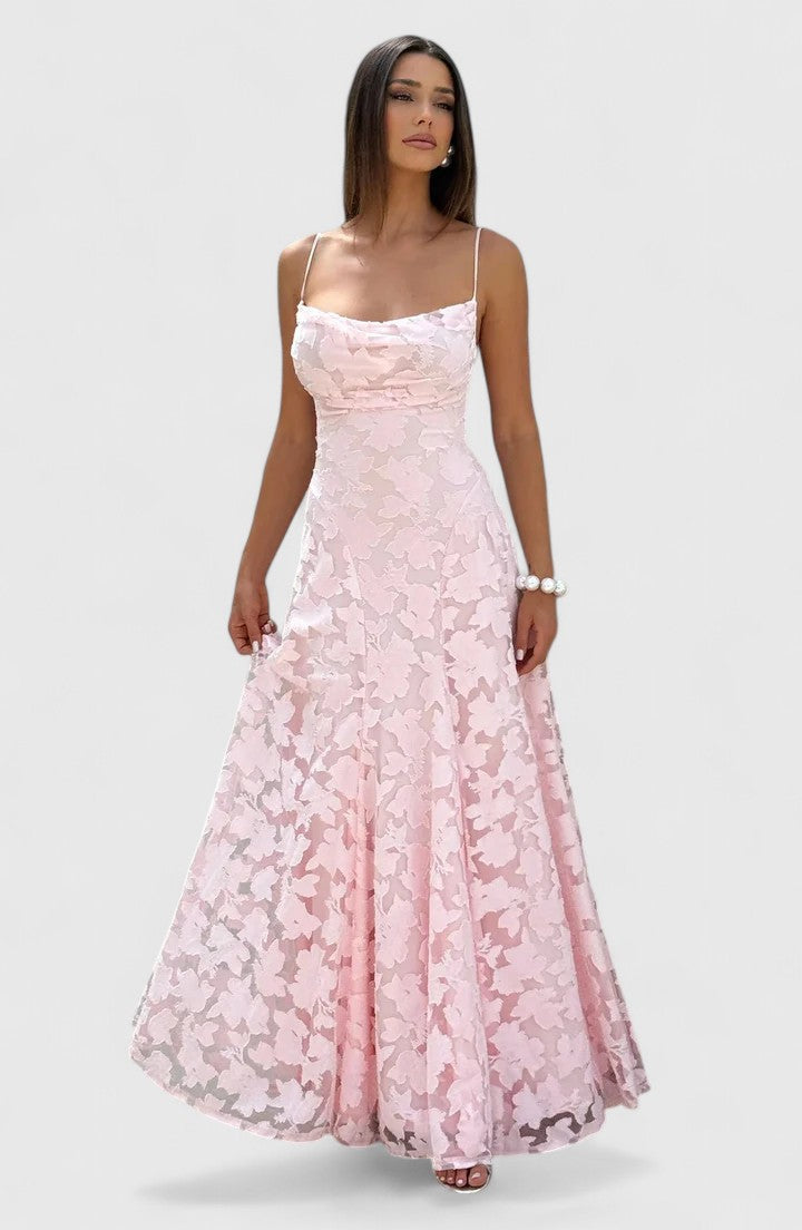 Elegant women's open back maxi dress, flowy & chic, great for formal events & summer parties.
