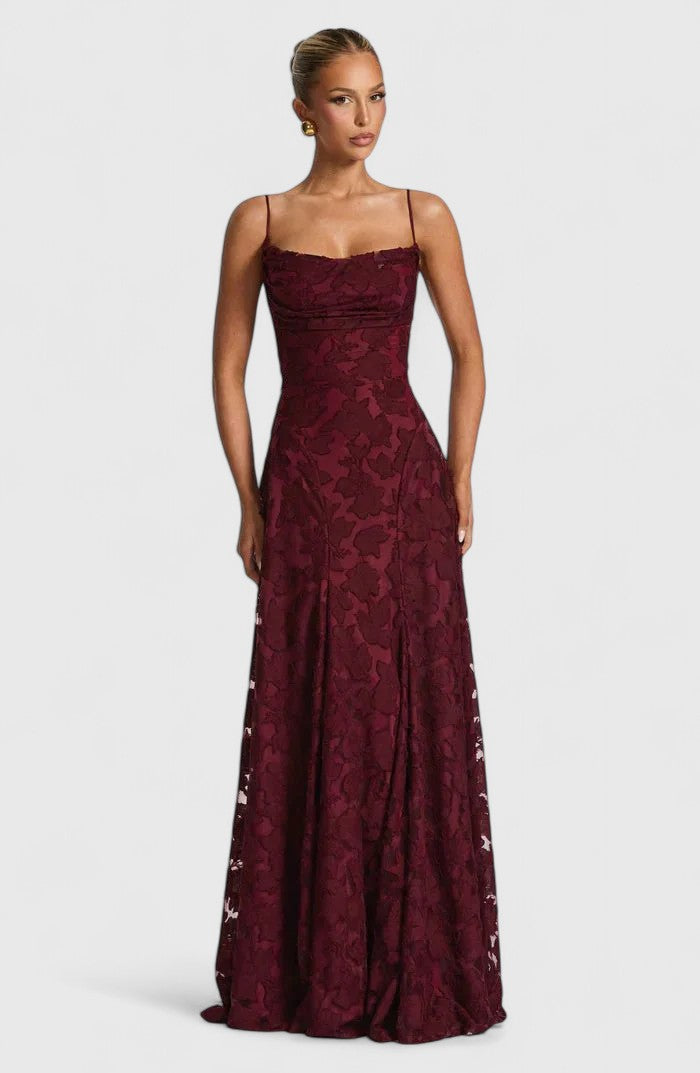 Sophisticated women's flowy maxi dress, elegant open back & cowl neck. Ideal for formal events.