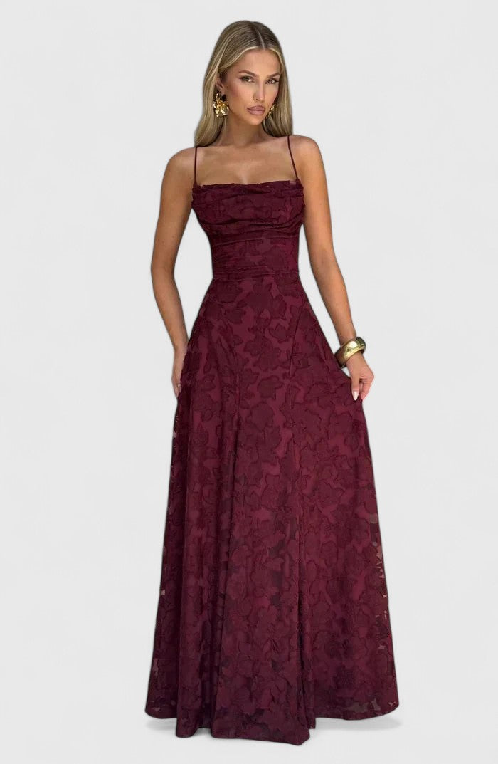 Stunning women's evening maxi dress, elegant flowy silhouette & open back for special occasions.
