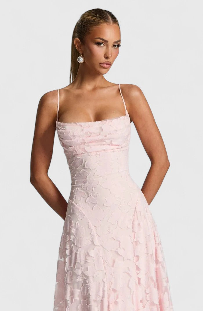 Elegant women's occasion wear maxi dress, flowy & chic with a beautiful open back.