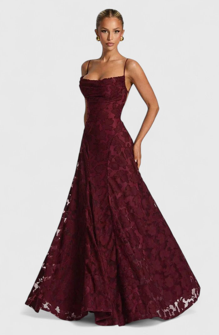 Women's elegant open back cowl neck lace-up flowy maxi dress, perfect for formal evening events.
