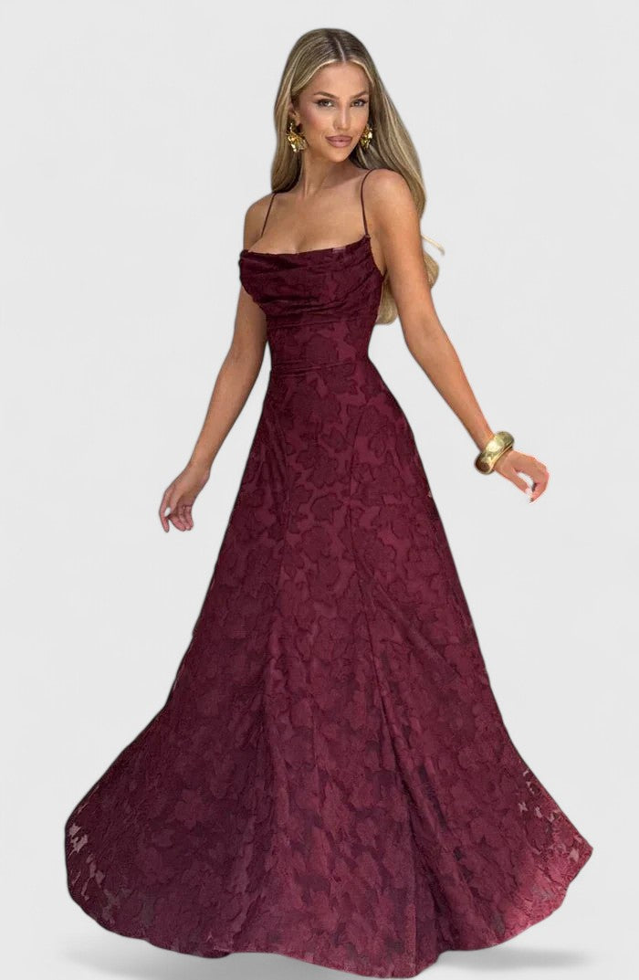 Versatile women's elegant flowy maxi dress with open back, ideal for summer & formal occasions.