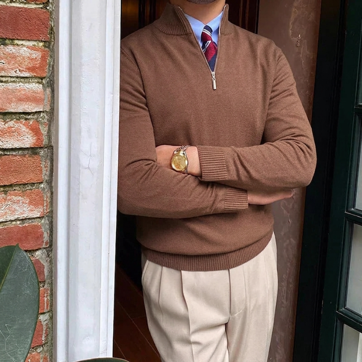 Elegant men's quarter zip mock neck sweater with a flattering tailored fit, enhancing modern mens fashion.