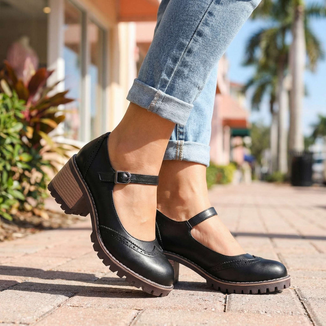 Women's classic T-strap closed-toe heels for all-day comfort. Elegant and versatile ladies' footwear.