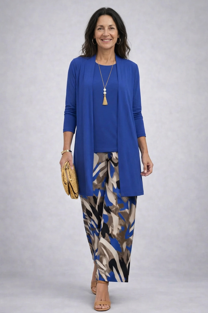 Women's blue abstract print 3-piece outfit set: long sleeve cardigan, top & wide-leg trousers. Comfortable loungewear.