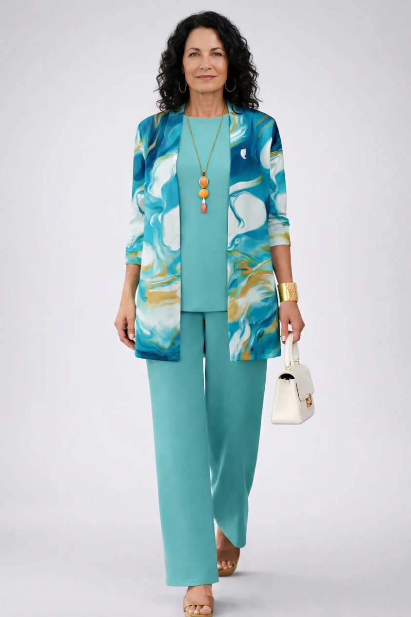Women's blue marble print 3-piece outfit set with stylish wide-leg trousers. A chic and comfortable co-ord set.