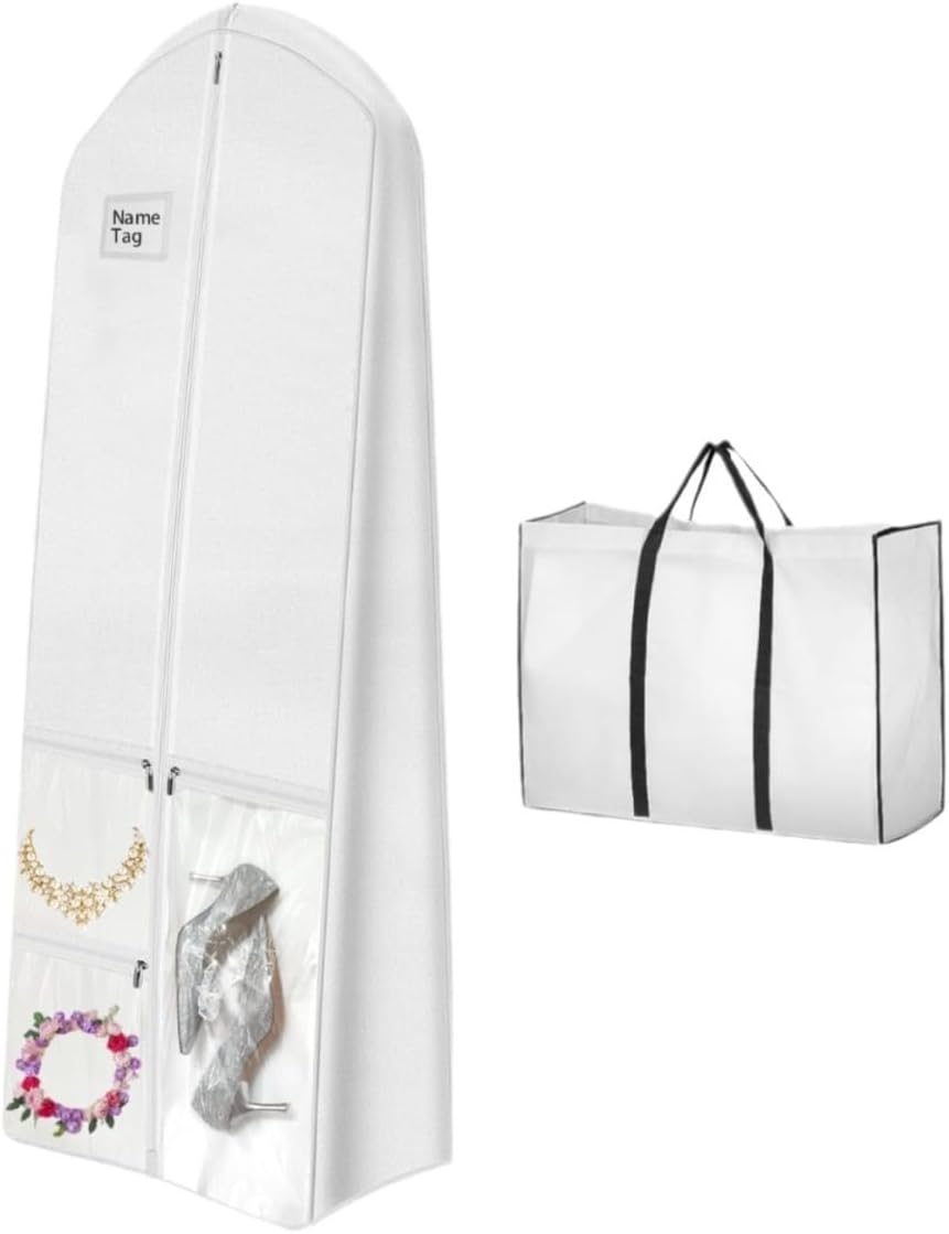 Full-length dustproof bridal gown storage bag for wedding dresses.