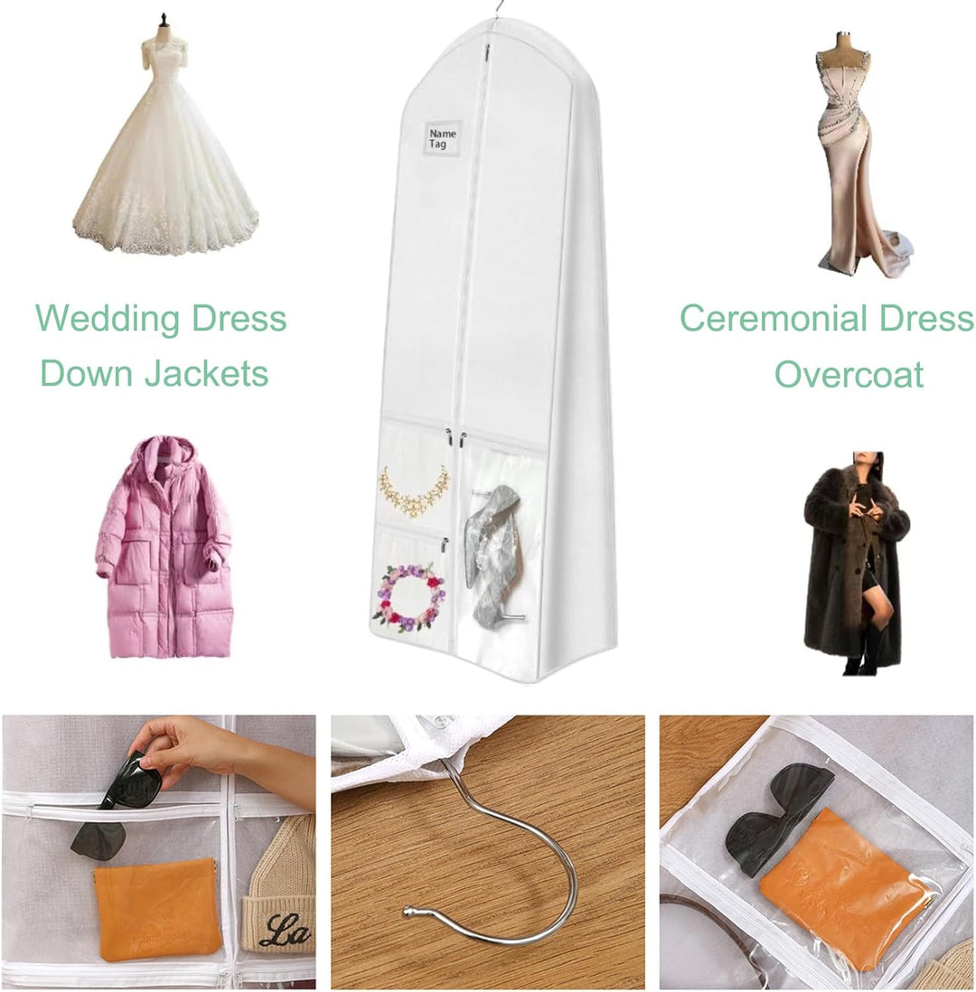 Durable long dress garment bag for formal wear and wedding dress travel.