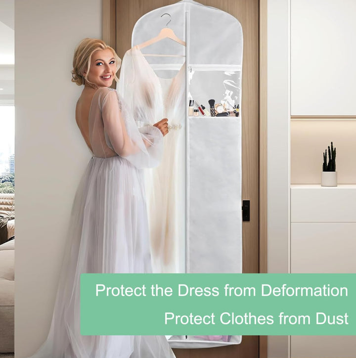 Gown storage bag, breathable & full-length, ideal for bridal travel protection.