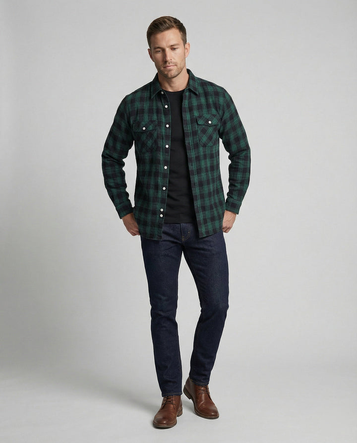 Detail of classic plaid pattern on a men's casual long-sleeve button-up checked shirt.