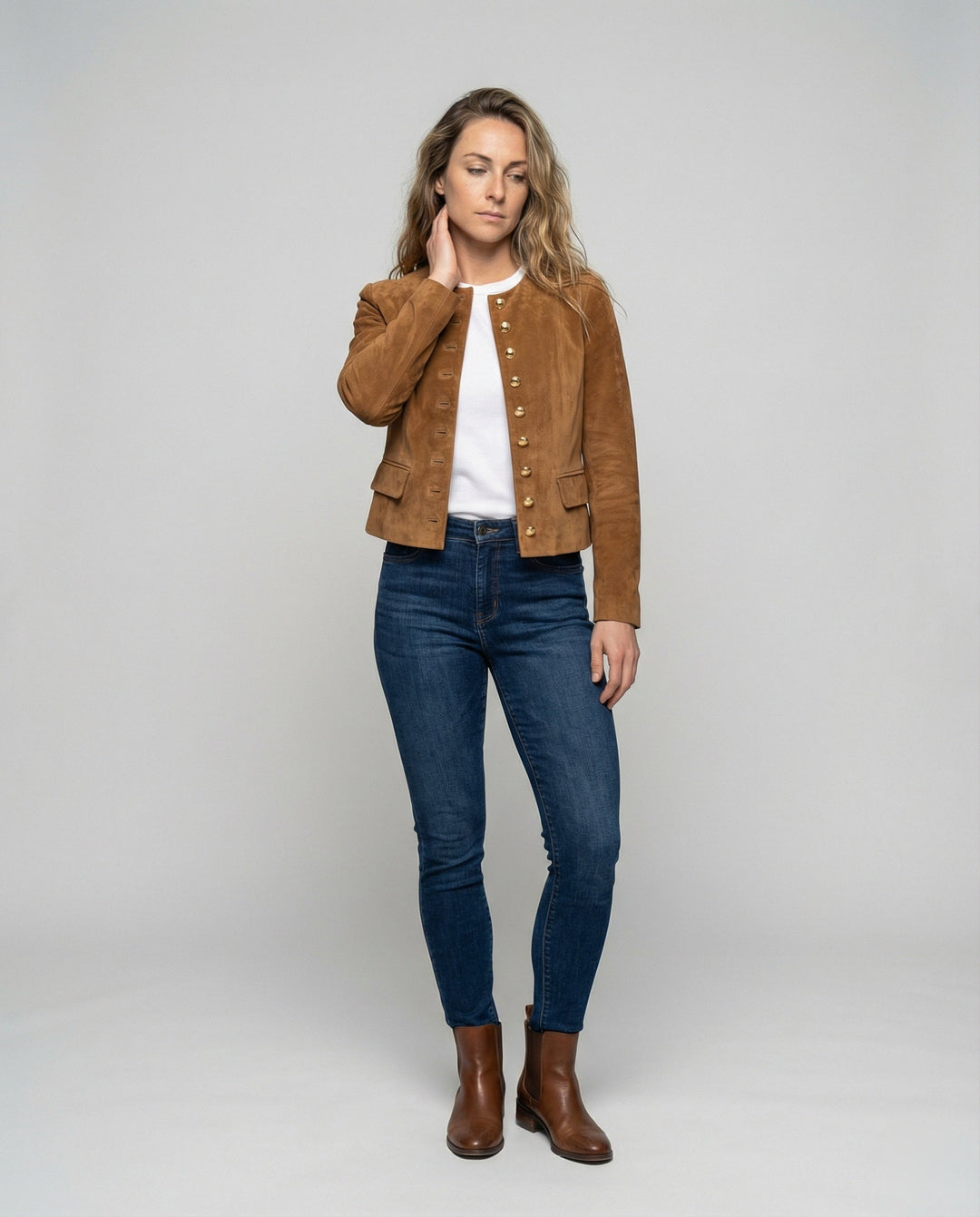 Classic women's jacket with gold buttons, a versatile fashion piece for fall & spring casual or formal wear.